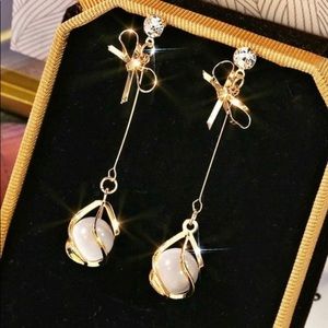 Gold Bow & Crystal Dangle Earrings